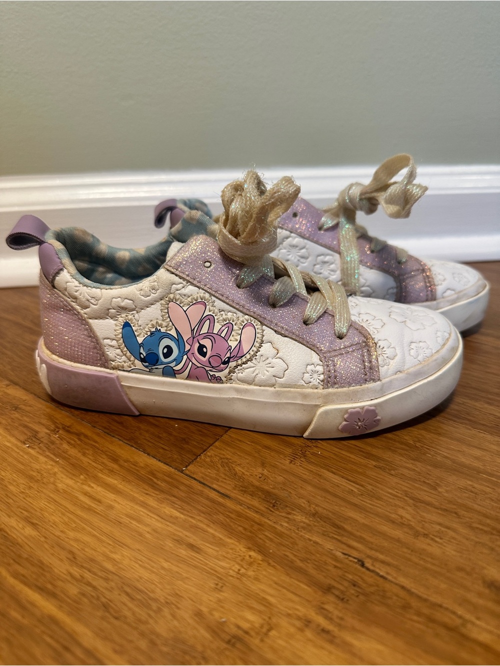 Kids White & Lavender Stitch and Angel Sneakers